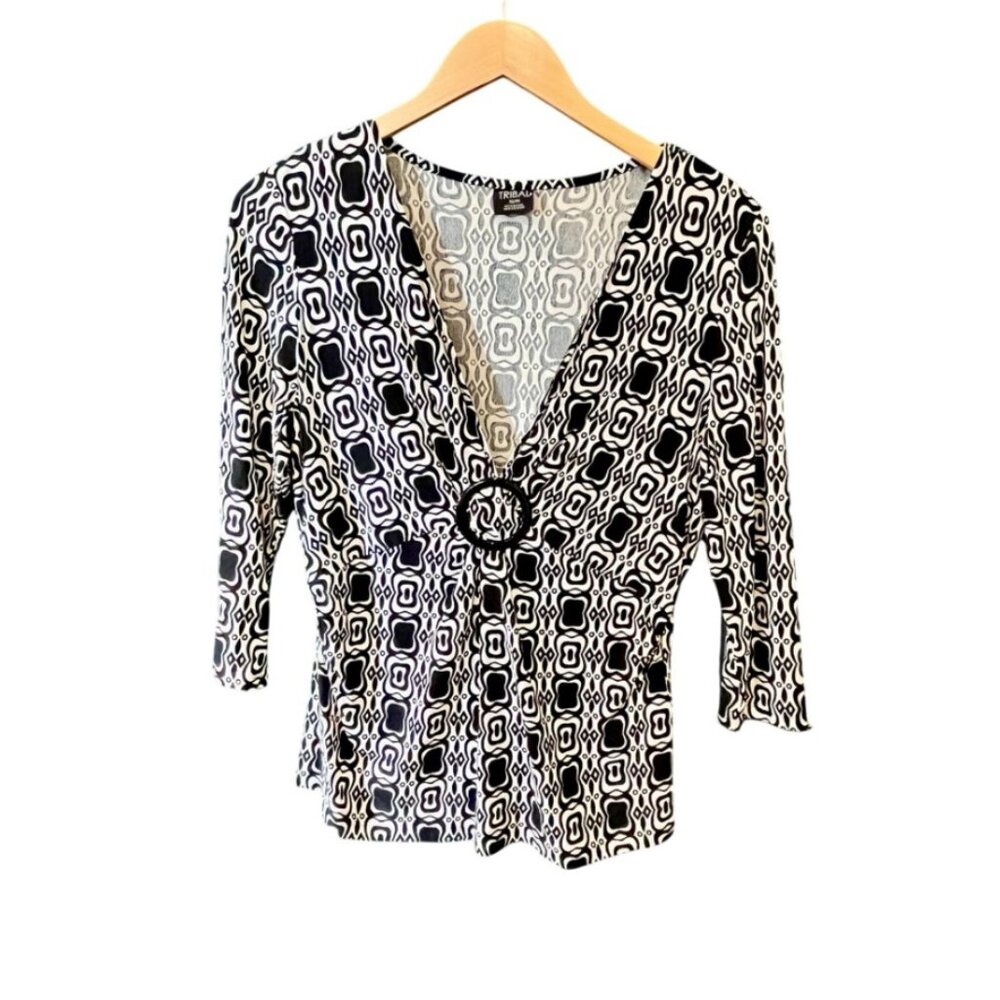 Tribal Black & White Geometric Wrap Top with Buckle Detail – Size M
